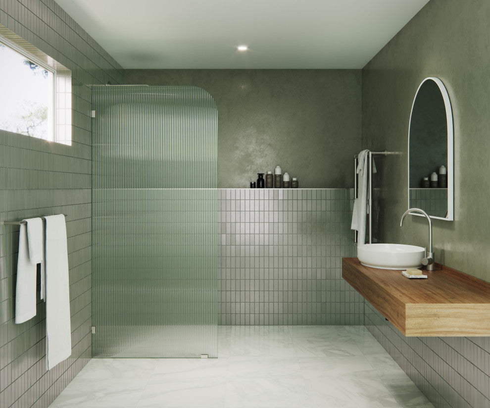 34"x78" Frameless Shower Door, Single Fixed Panel Fluted Radius, Brushed Nickel, 34" Left