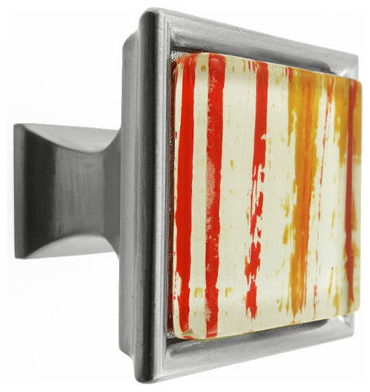Hand Brush Red Orange Streaks Crystal Glass Brushed Nickel Madison Classic Knob
