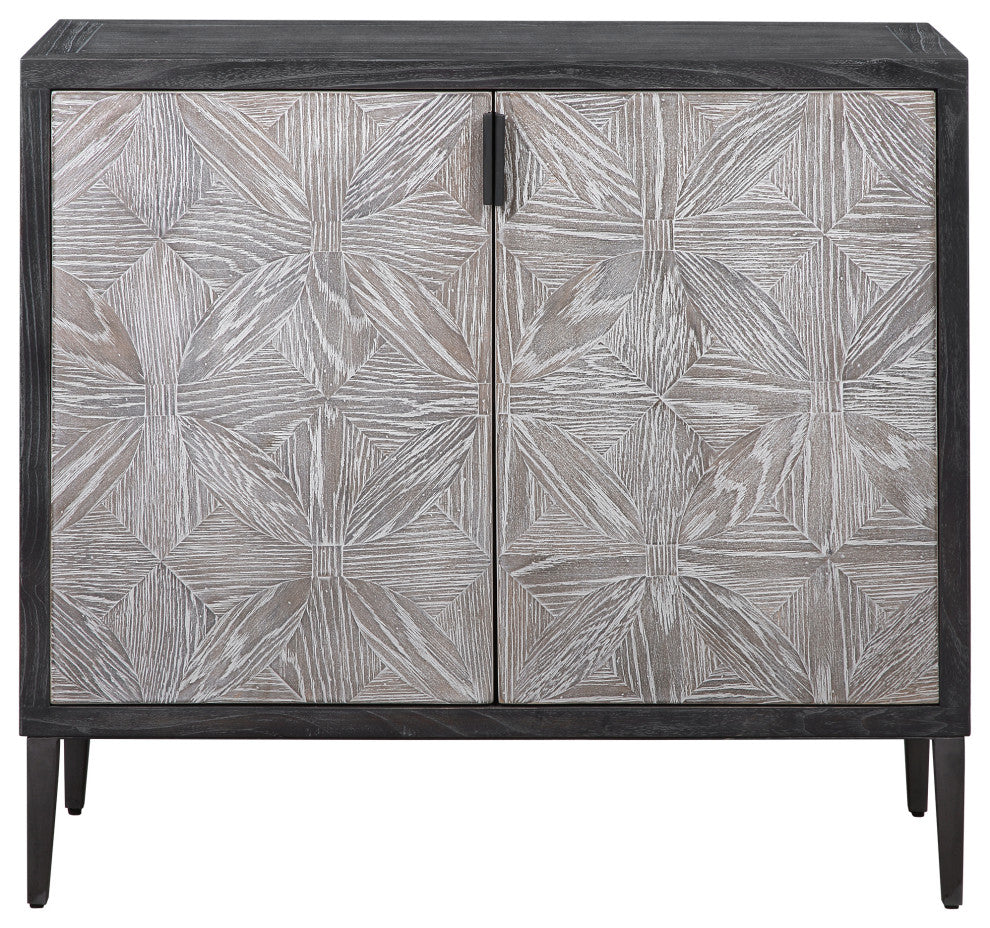 Front view on a white background showing two doors and sunburst pattern.