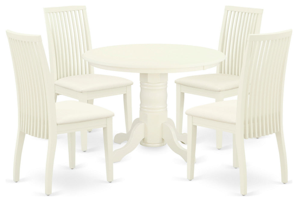 5Pc Dining Set Includes Round Dining Room Table, Four Seat Dining Chairs, White