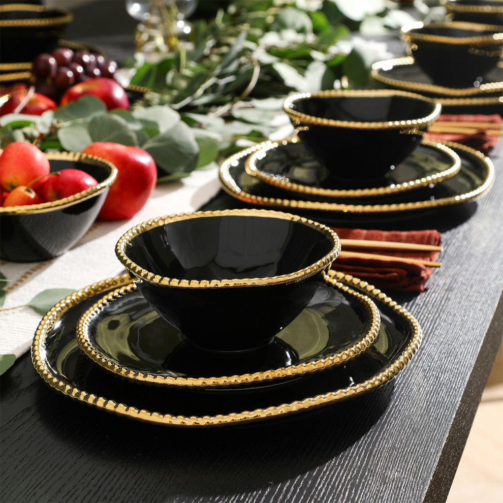 Christian Siriano Akoya Porcelain 24-Piece Dinnerware Set, Black