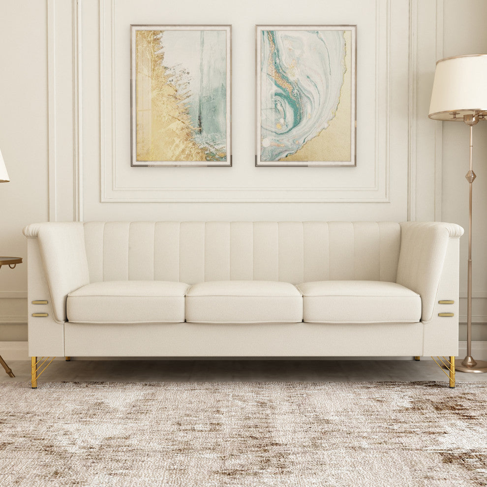 83.4'' Tuxedo Velvet Arm Sofa with Gold Leg, Beige