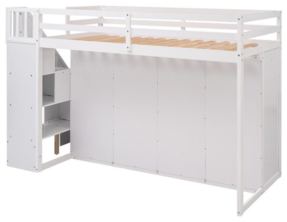 Gewnee Functional Loft Bed with 3 Shelves, 2 Wardrobes and 2 Drawers in White