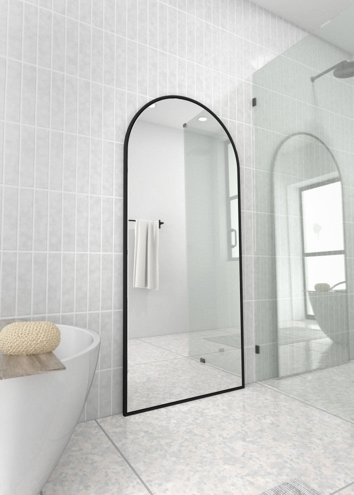 30" W X 67" H Arch Leaner Dressing Stainless Steel Framed Mirror, Black