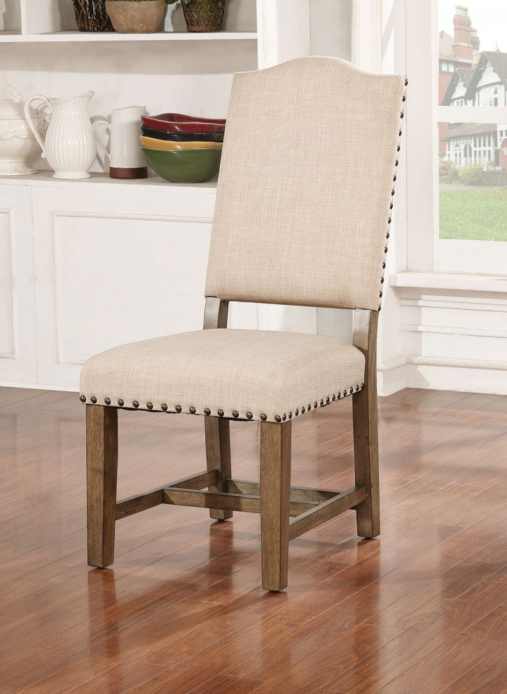 Upholstered Dining Side Chair, Light Oak and Beige