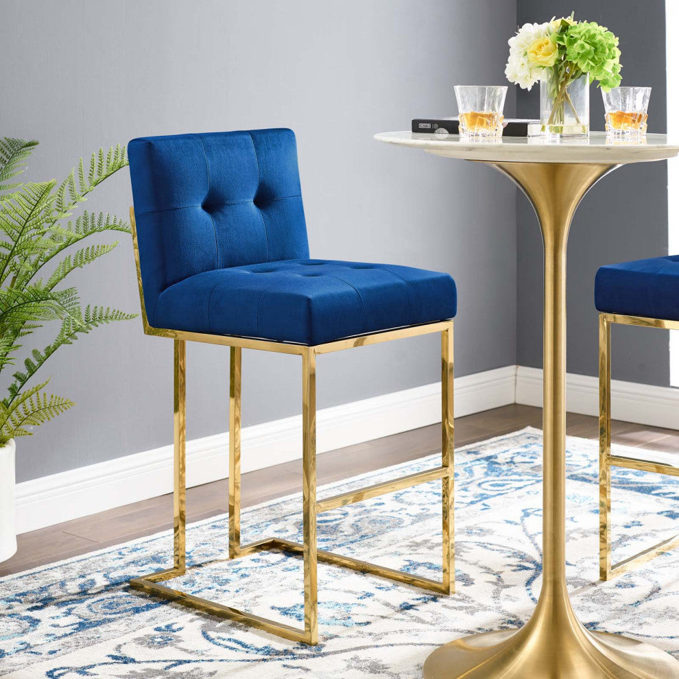 Bar Stool Chair Barstool, Velvet, Metal, Gold Blue Navy, Modern, Bar Pub Bistro
