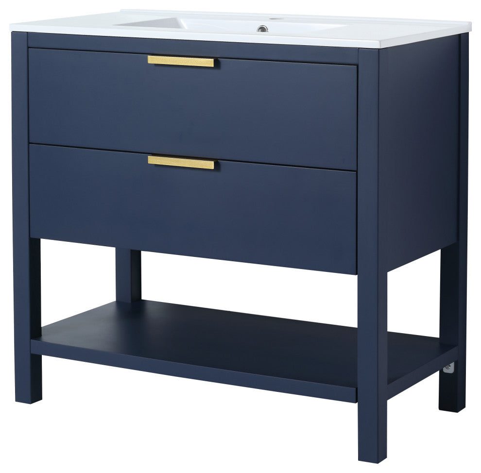 36 inch Plywood Freestanding Bathroom Vanity Set with Ceramic White Sink, Navy Blue
