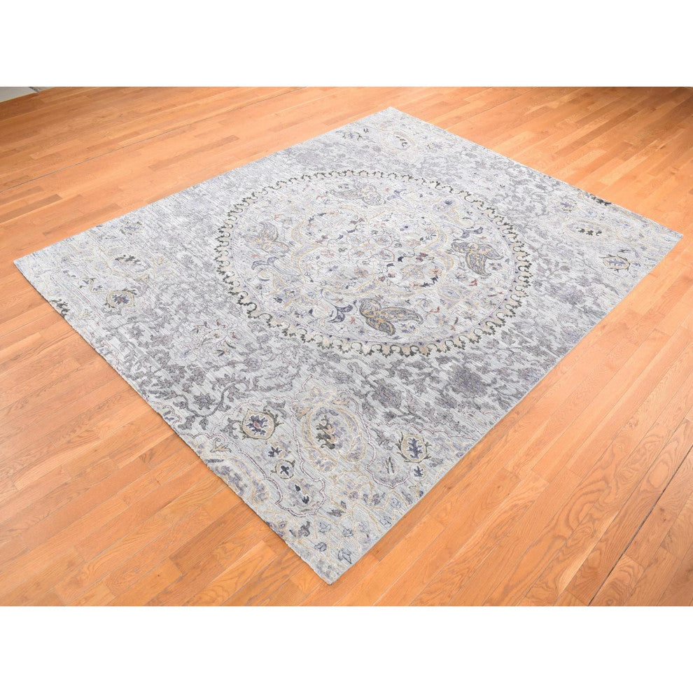 Ash Gray The Maharaja Pure Silk With Wool Hand Knotted Oriental Rug 7'9"x10'1"
