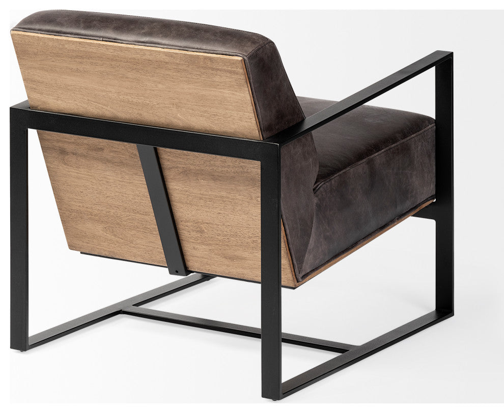 Stamford Black Genuine Leather Seat w/ Wood Back, Metal Frame Accent Chair