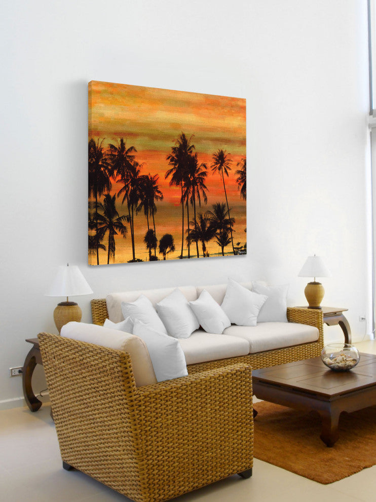"Palms Against Gold Sky" Fine Art Canvas Print, 48"x48"