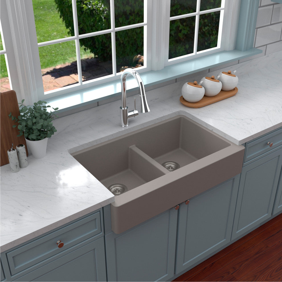 Karran Retrofit Farmhouse Quartz 34" Double Bowl Sink Kit, Concrete
