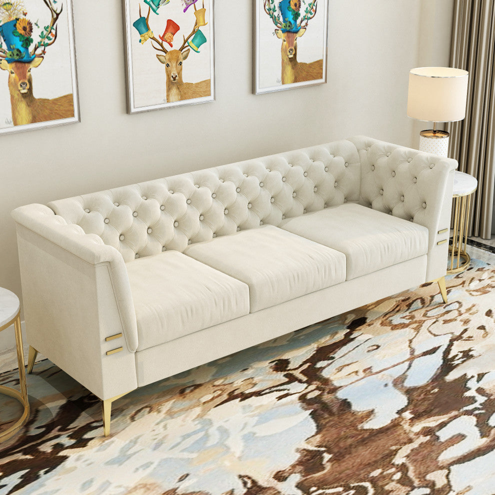 82.7'' Chesterfield Velvet Square Arm Sofa with Gold Leg, Beige