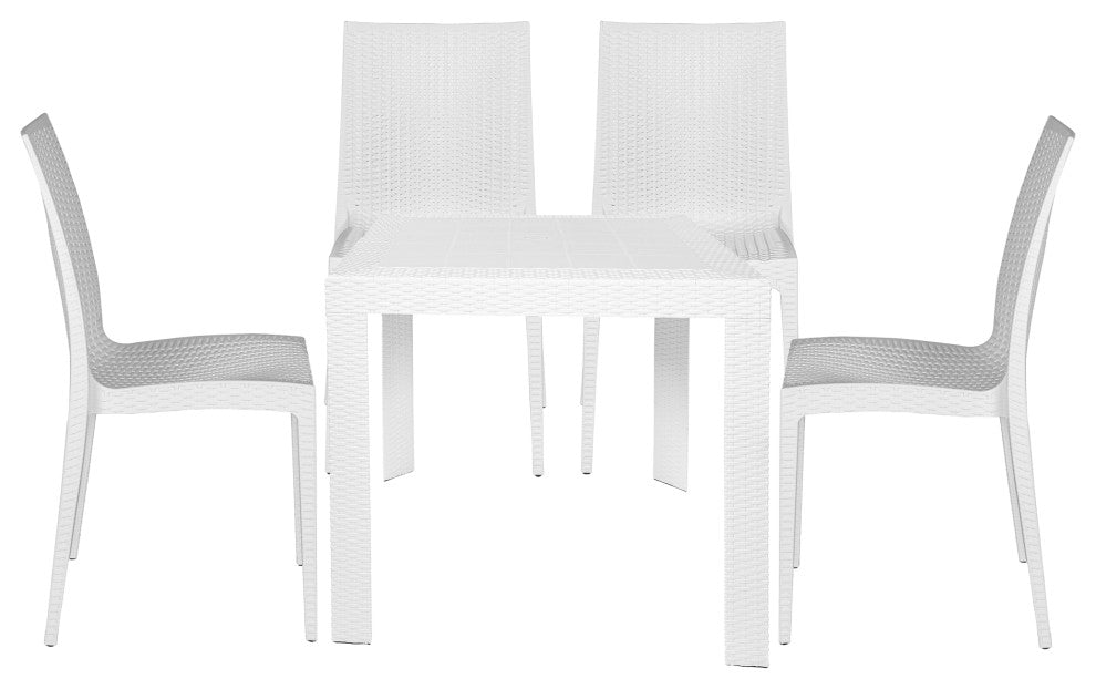 LeisureMod Mace Mid-Century 5-Piece Outdoor Patio Dining Set, White