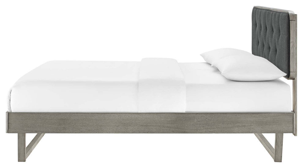 Platform Bed Frame, Queen Size, Fabric, Wood, Gray, Modern Mid-Century