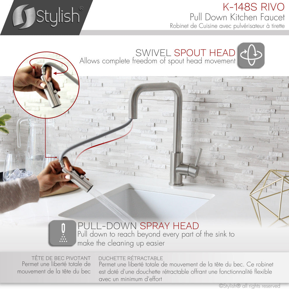 STYLISH Single Handle Pull-Down Dual Mode Kitchen Faucet Stainless Steel Brushed