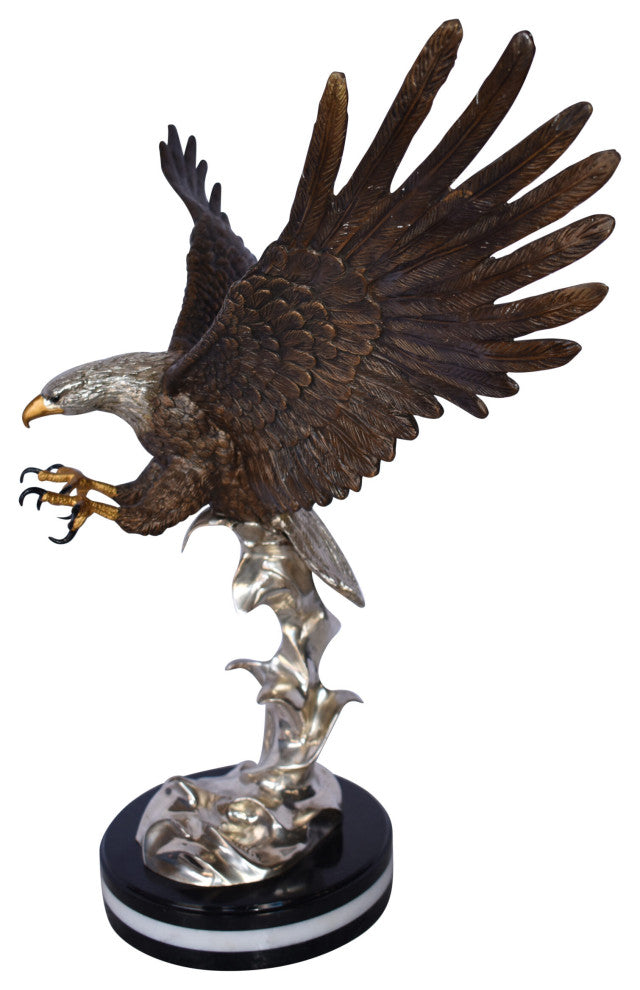 Eagle Coming to Landing Mounted on Marble Bronze Statue Size: 32" x 13" x 30"H