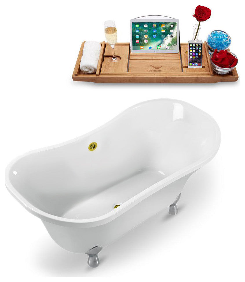 60" White Clawfoot Tub and Tray, Chrome Feet, Gold External Drain