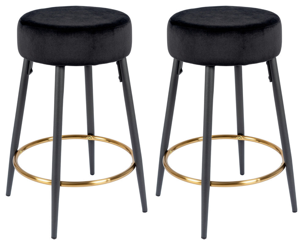 Minimalist Round Bar Stools, Black Velvet - 2 Pcs, 24 Inch