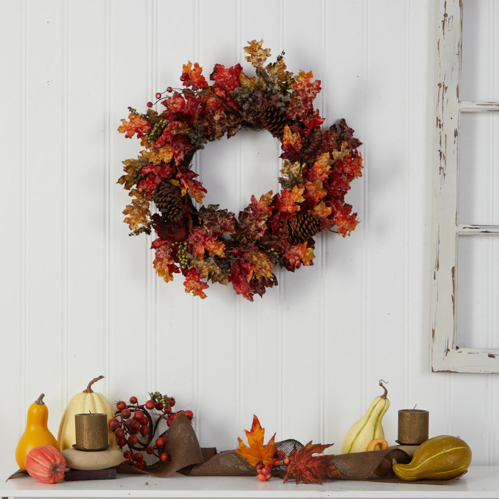 W1255 24 Autumn Maple, Berries and Pinecone Fall Artificial Wreath