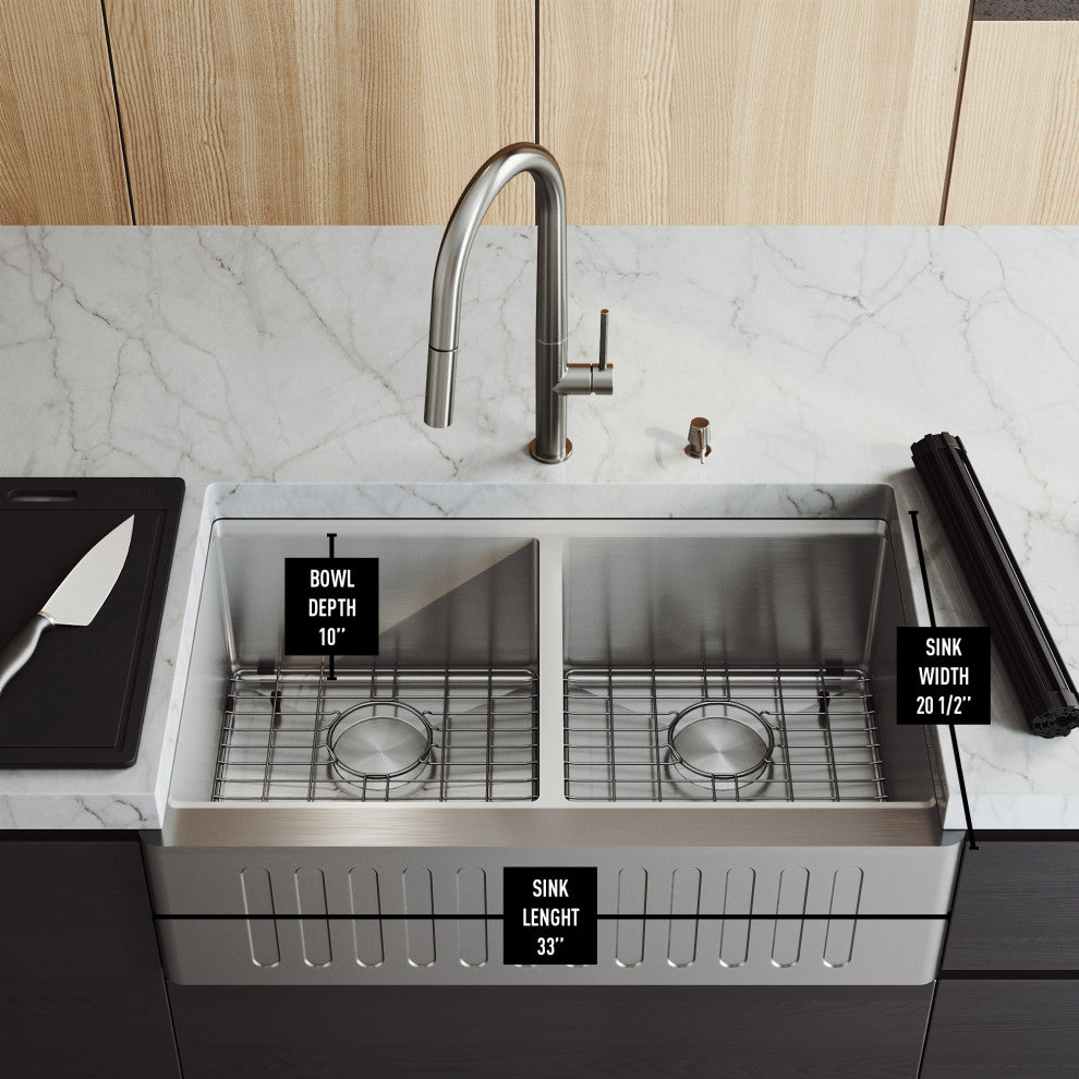 Oxford Double Bowl Slotted Apron Farmhouse Kitchen Sink and Accessories, 33" L X 21" W