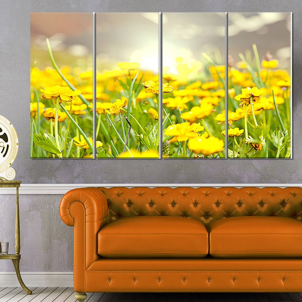 Sunny Meadow with Yellow Flowers, Floral Canvas Art Print, 48"x28", 4 Panels