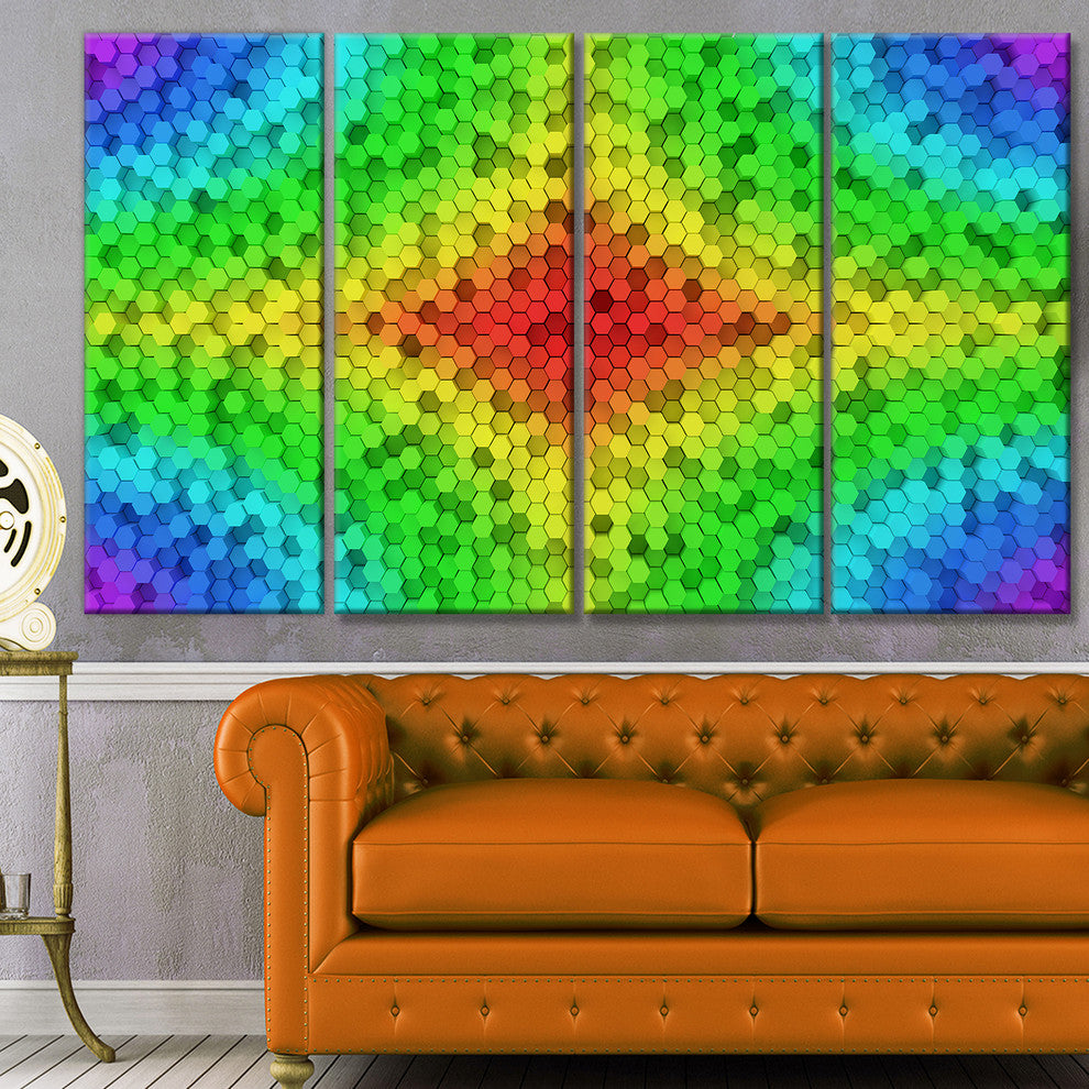 Colorful Elevated Hexagon Columns, Abstract Art on Canvas, 48"x28", 4 Panels