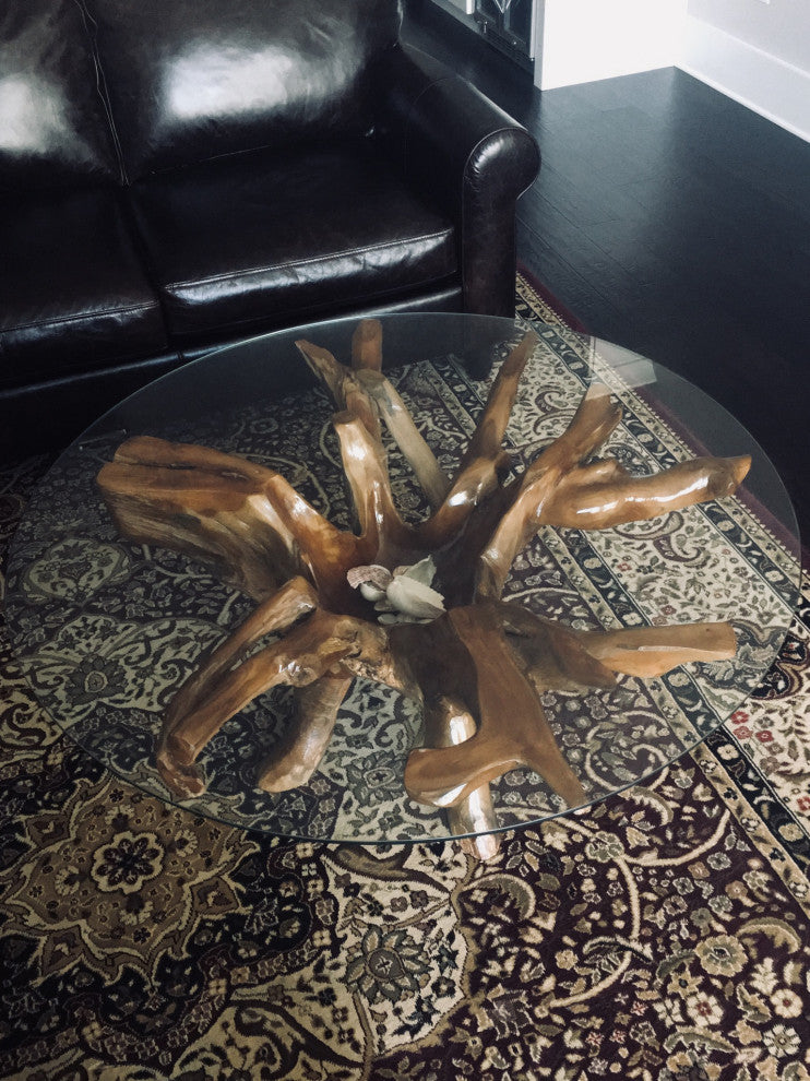 Rustic Teak Wood Root Round Coffee Table Including 43 Inch Glass Top