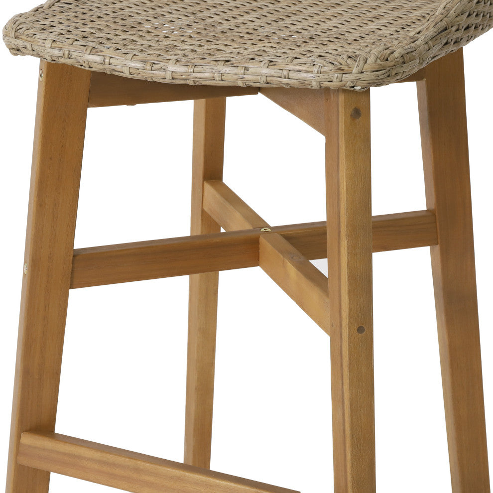 Beeson Outdoor Wicker and Acacia Wood 30" Barstools, Set of 2