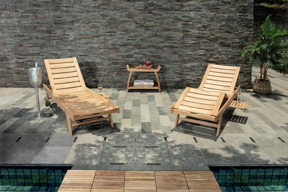 Nordic Style Natural Teak Outdoor Sun Lounger with Adjustable Seat, Side Table