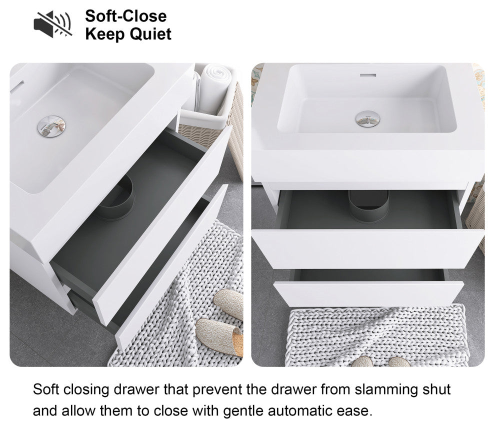 Wood Wall-Mounted Bathroom Vanity Set with Integrated Resin Sink, White, 24"