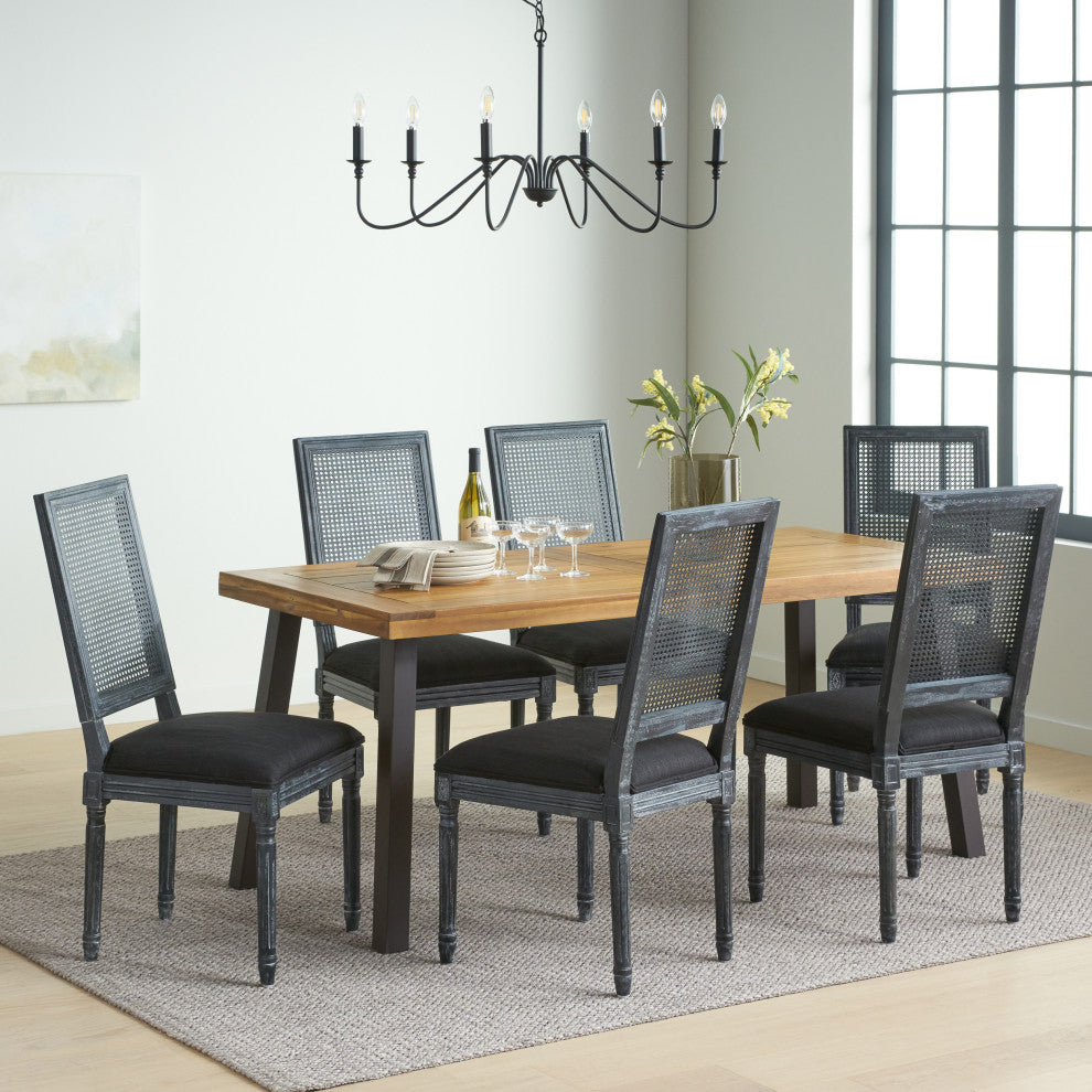 Whitten Farmhouse Fabric Upholstered Wood and Cane 7 Piece Dining Set, Black + Gray + Rustic Metal + Natural Stained