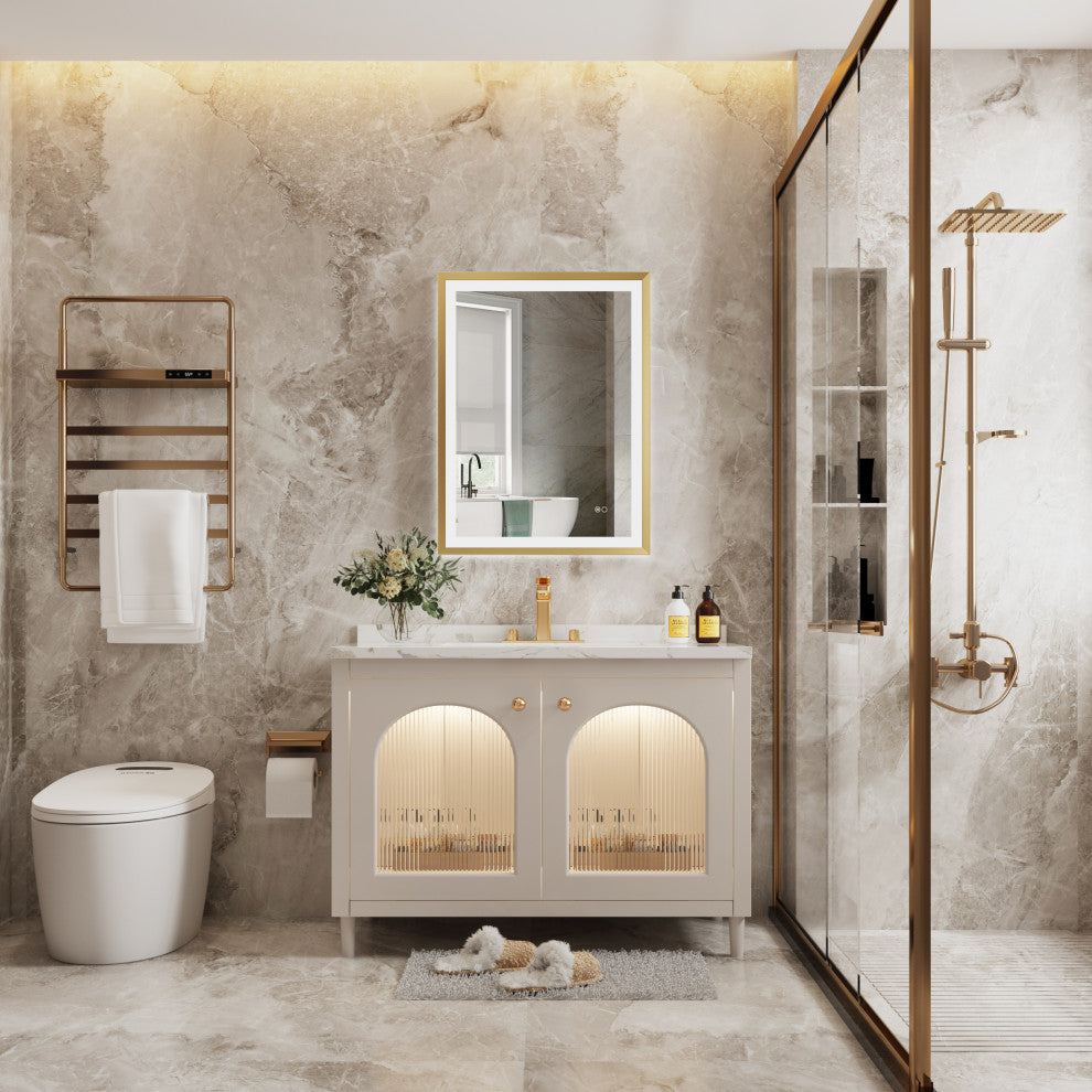 Beveled Bathroom LED Mirror Framed, Backlit and Front Light, Gold, 24"x32"