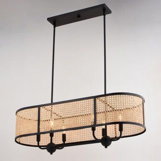 Berens Matte Black Farmhouse Chandelier Island Pendant Light Fixture Rattan Cane