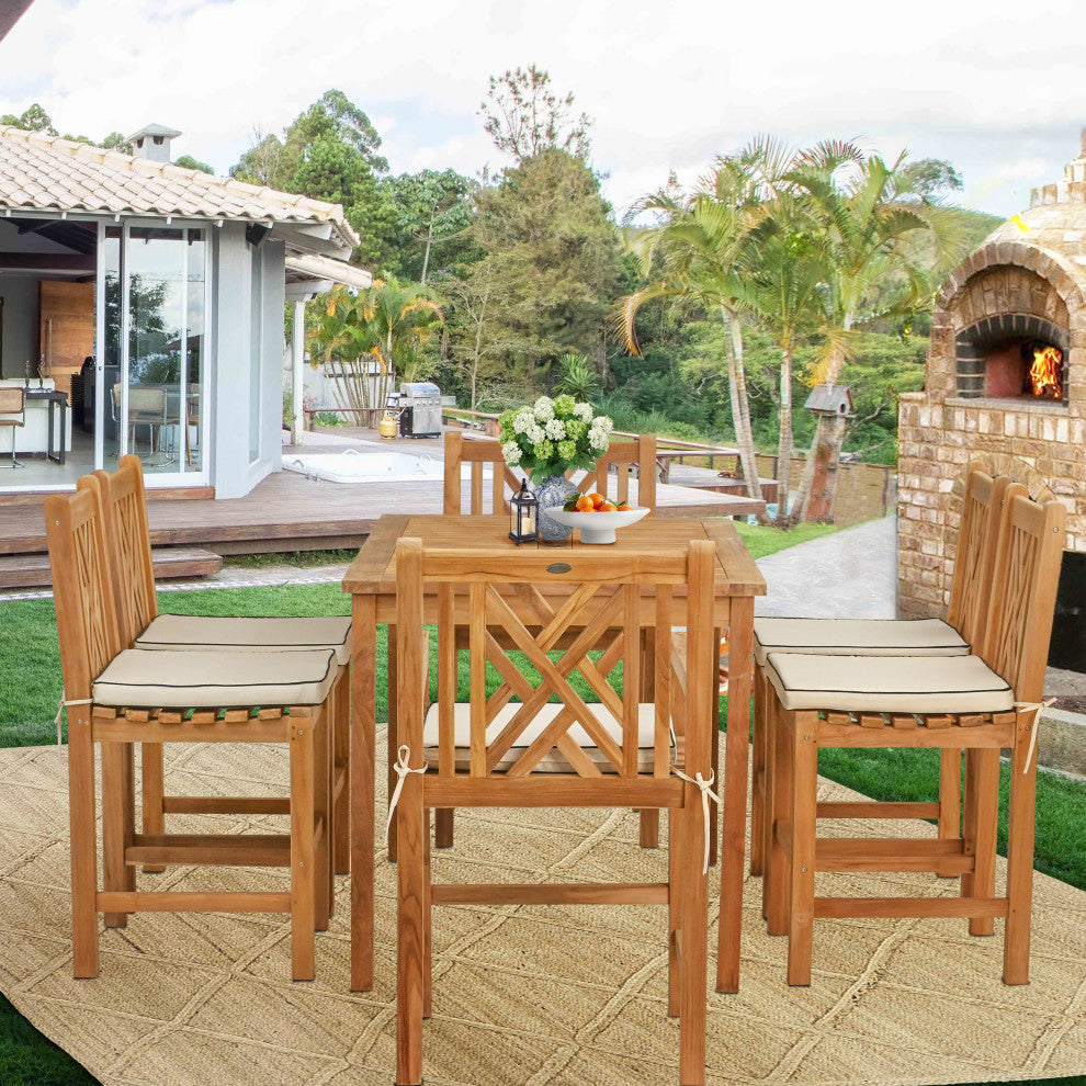 7 Piece Teak Chippendale 63" Rect Bistro Counter Set, 2 Arm and 4 Side Stools