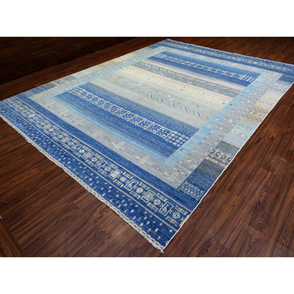 Denim Blue Afghan Kashkuli Gabbeh Design Pure Wool Hand Knotted Rug, 10'2"x13'7"