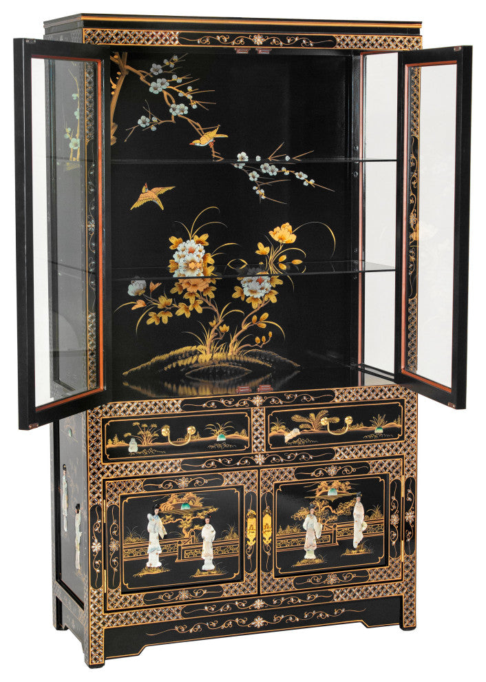Black Lacquer China Cabinet Royal Ladies