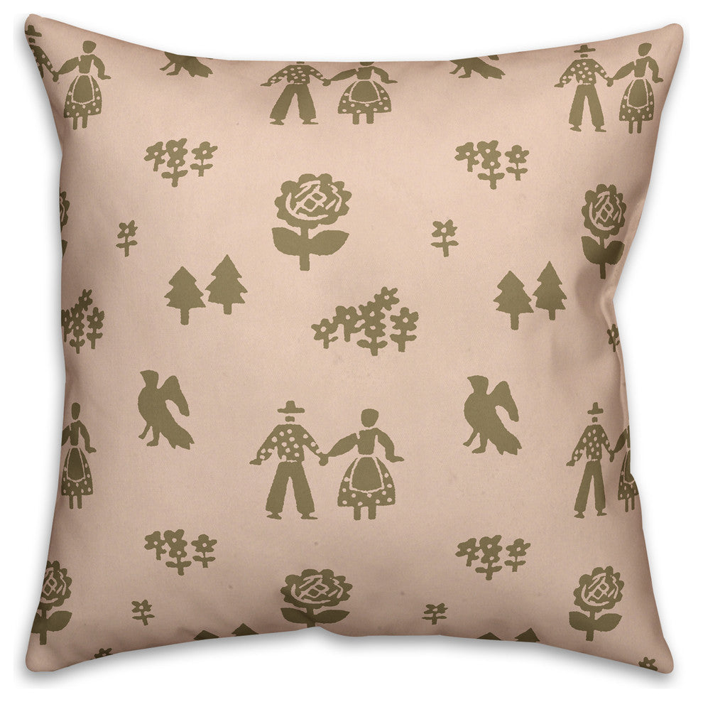 Folk Forest Motif, Pink Throw Pillow, 18"x18"