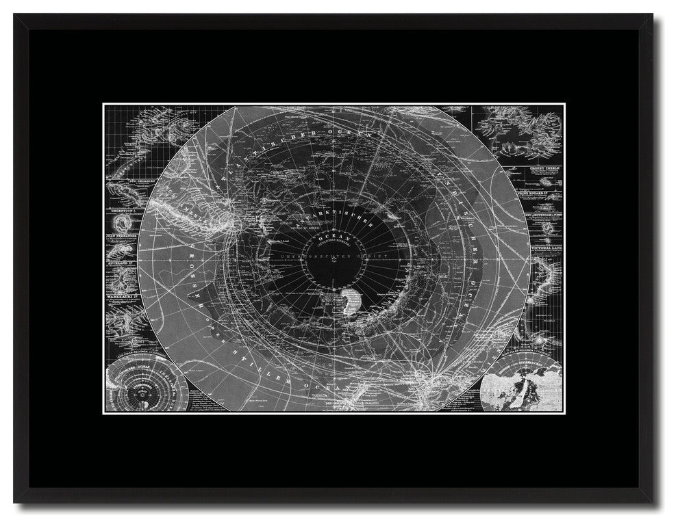 Antarctica South Pole Vintage Monochrome Map Canvas, 16"x21"