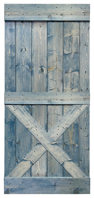 Stained Solid Pine Wood Sliding Barn Door, Denim Blue, 36"x84", Mini X