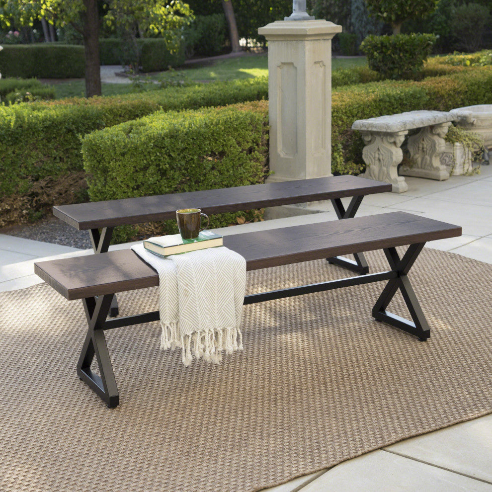 GDF Studio Rosarito Outdoor Dining Bench With Black Steel Frame, Set of 2, Brown