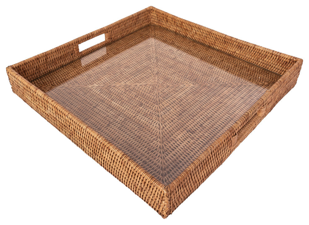 Square Serving Ottoman Trays with Glass Insert, Honey Brown, 20"x 20"x 3"