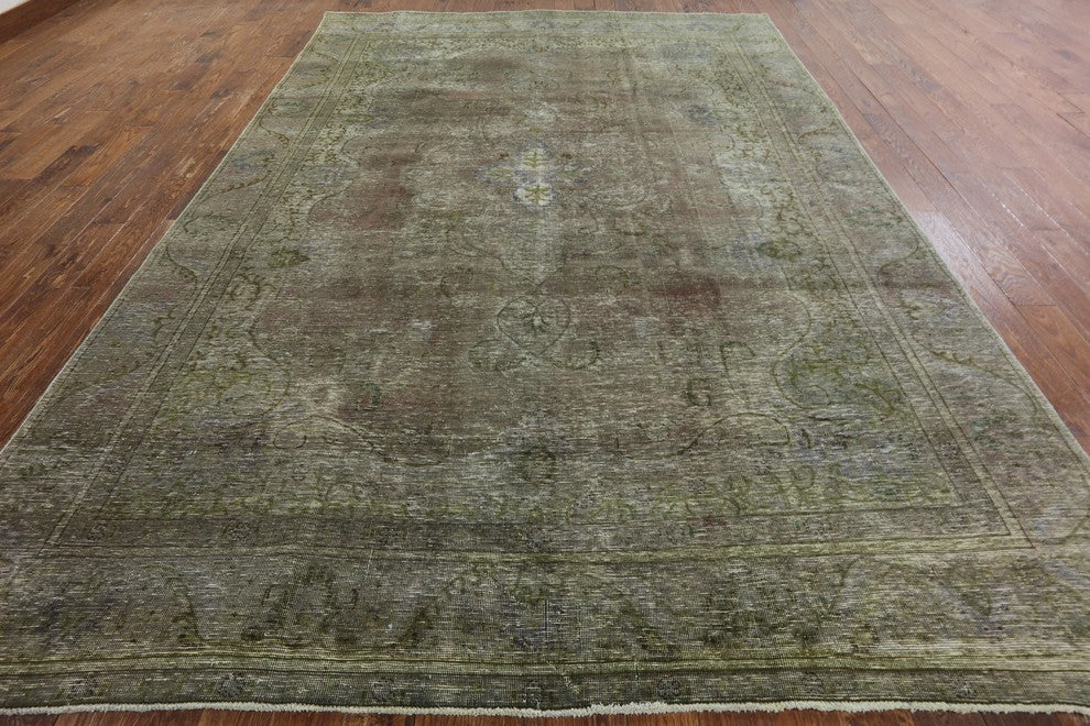 9'x13' Oriental Green Wash Overyded Hand Knotted Wool Floral Area Rug H8882