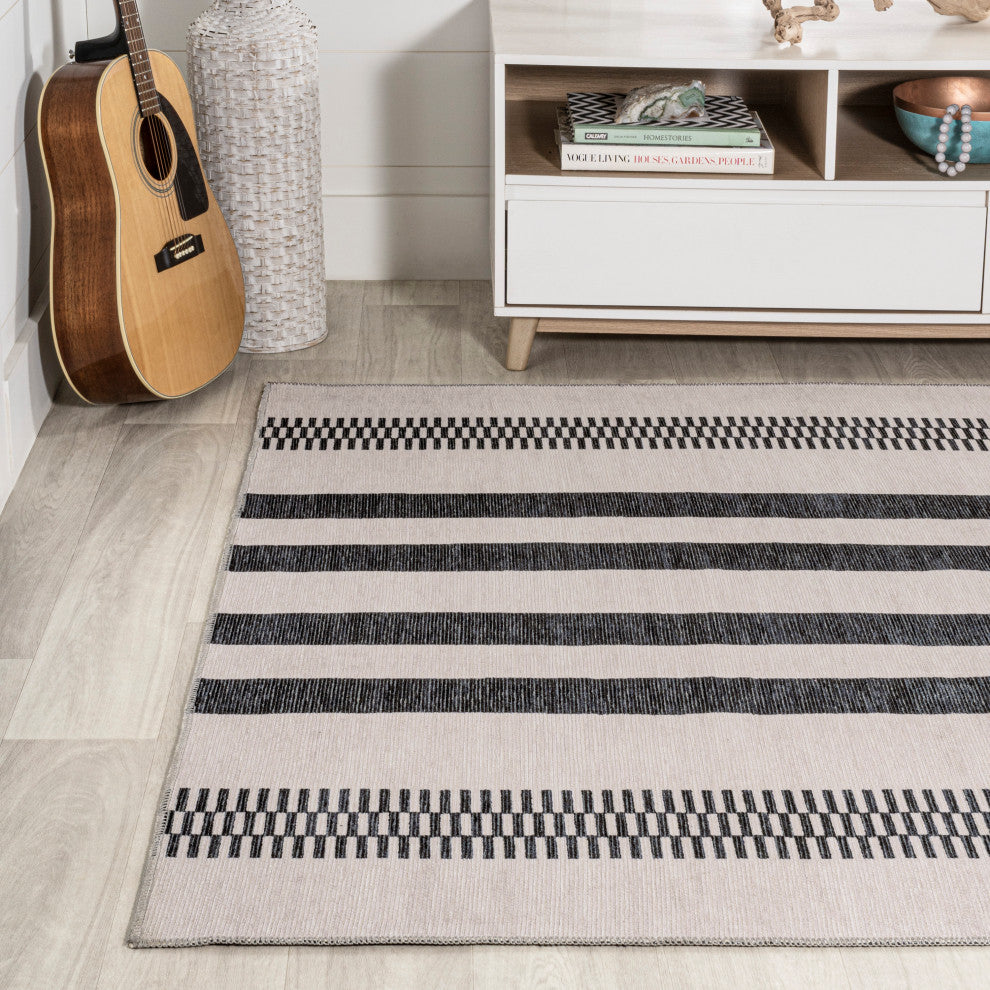 Vichy Geometric Striped Machine-Washable Area Rug, Cream/Black, 4x6