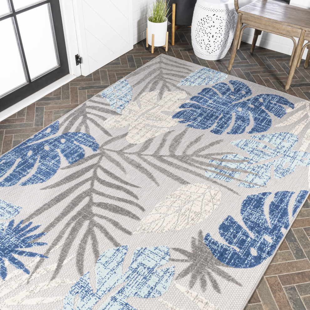 Monstera Tropical Leaf High-Low Indoor/Outdoor Area Rug, Light Gray/Navy, 3 X 5