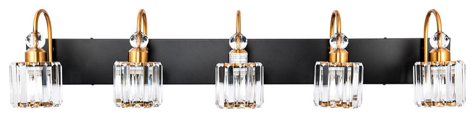 Dimmable Vanity Light With Crystal Accents, Black/Gold, 5 Light