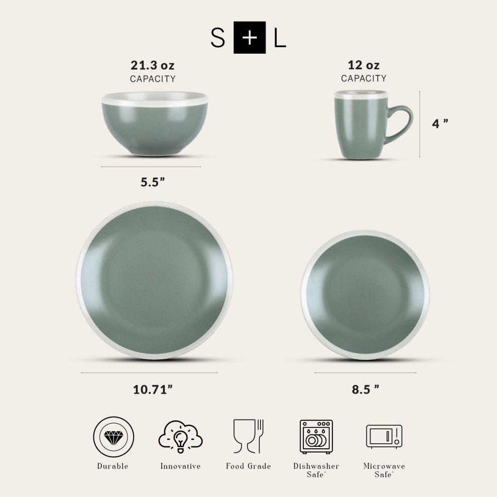 Stone Lain Serenity Stoneware 32 Piece Dinnerware Set, Green and Cream