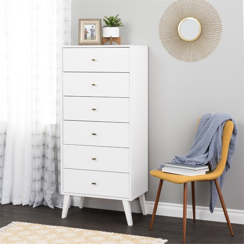 Prepac Milo Mid Century Modern Tall 6 Drawer Chest in White