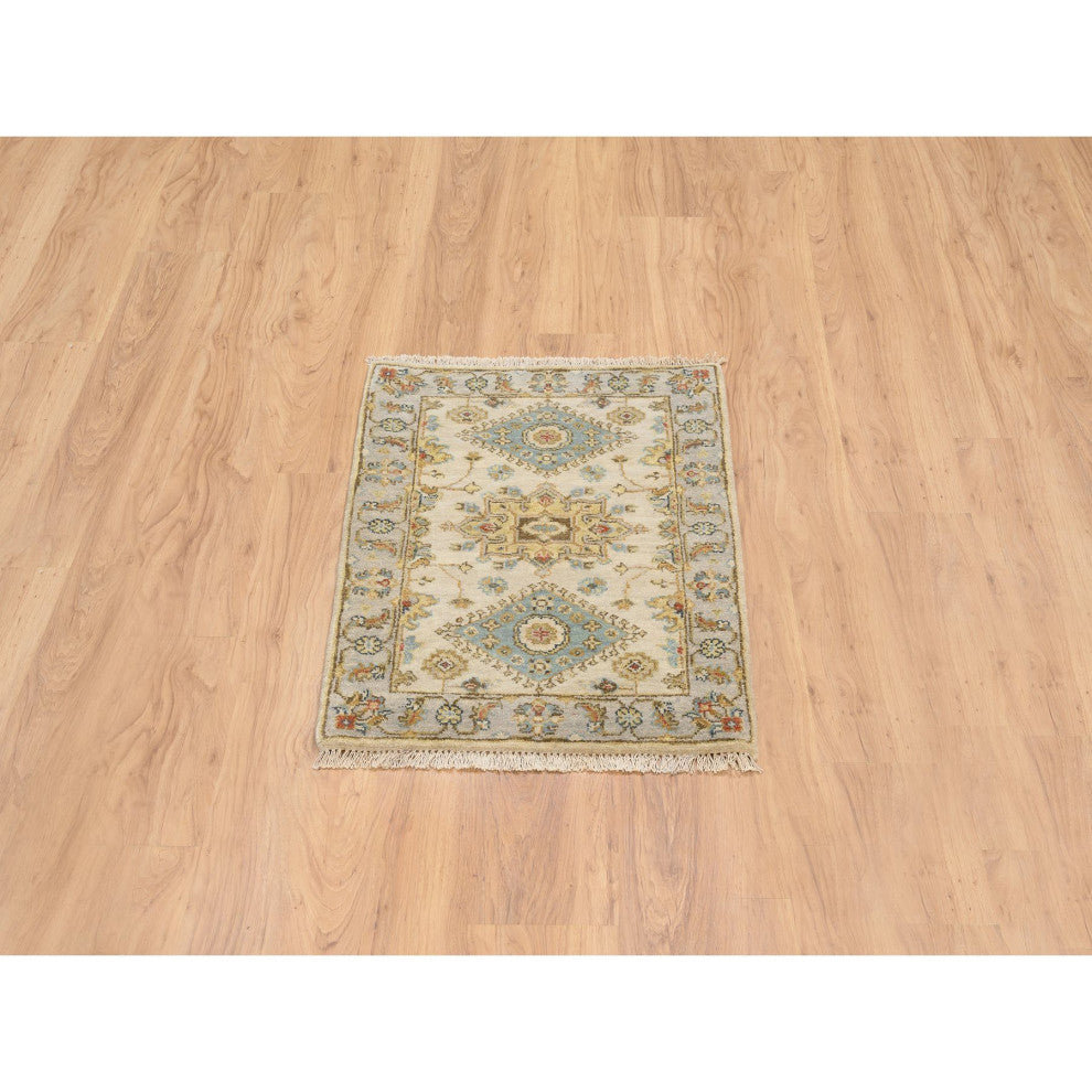 Ivory and Gray, Karajeh Design, Organic Wool Hand Knotted Mat Rug, 2'1"x3'0"