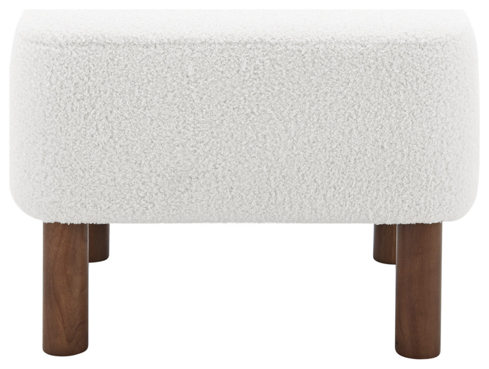 Beatrice Ottoman, White Fabric With Walnut Stained Wood Legs