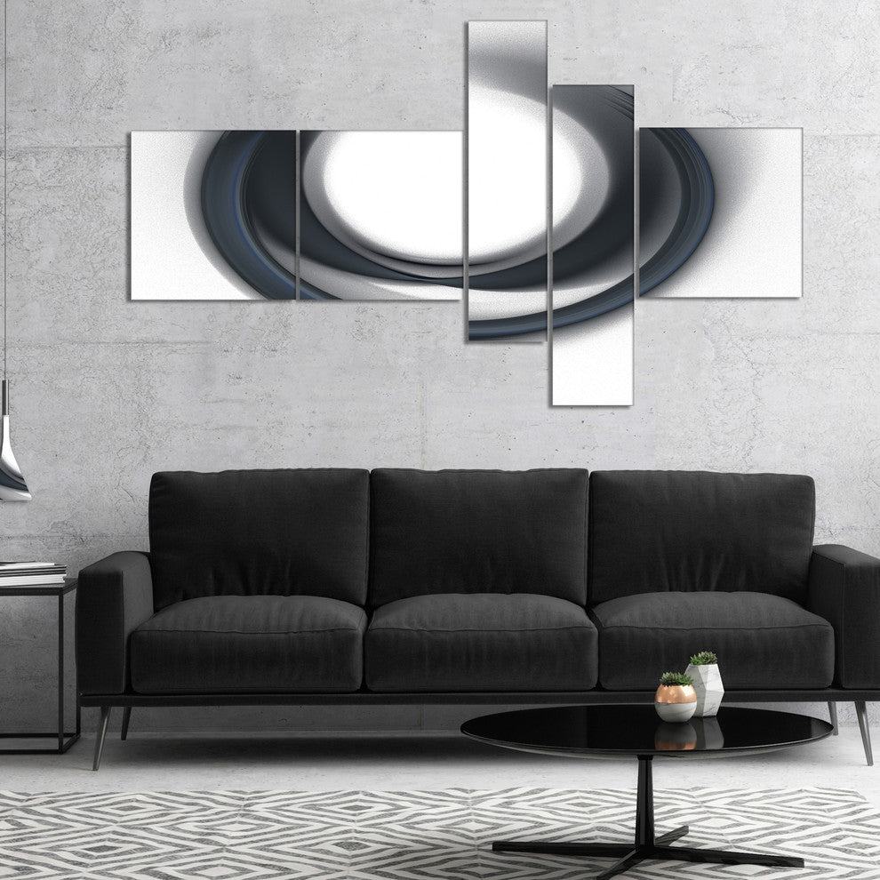Large Fractal Black Circle on White, Abstract Wall Art Canvas, 60"x32", 5 panels